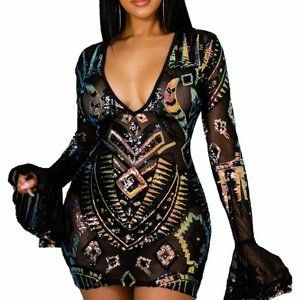 Sequined ruffle sleeved mini dress.